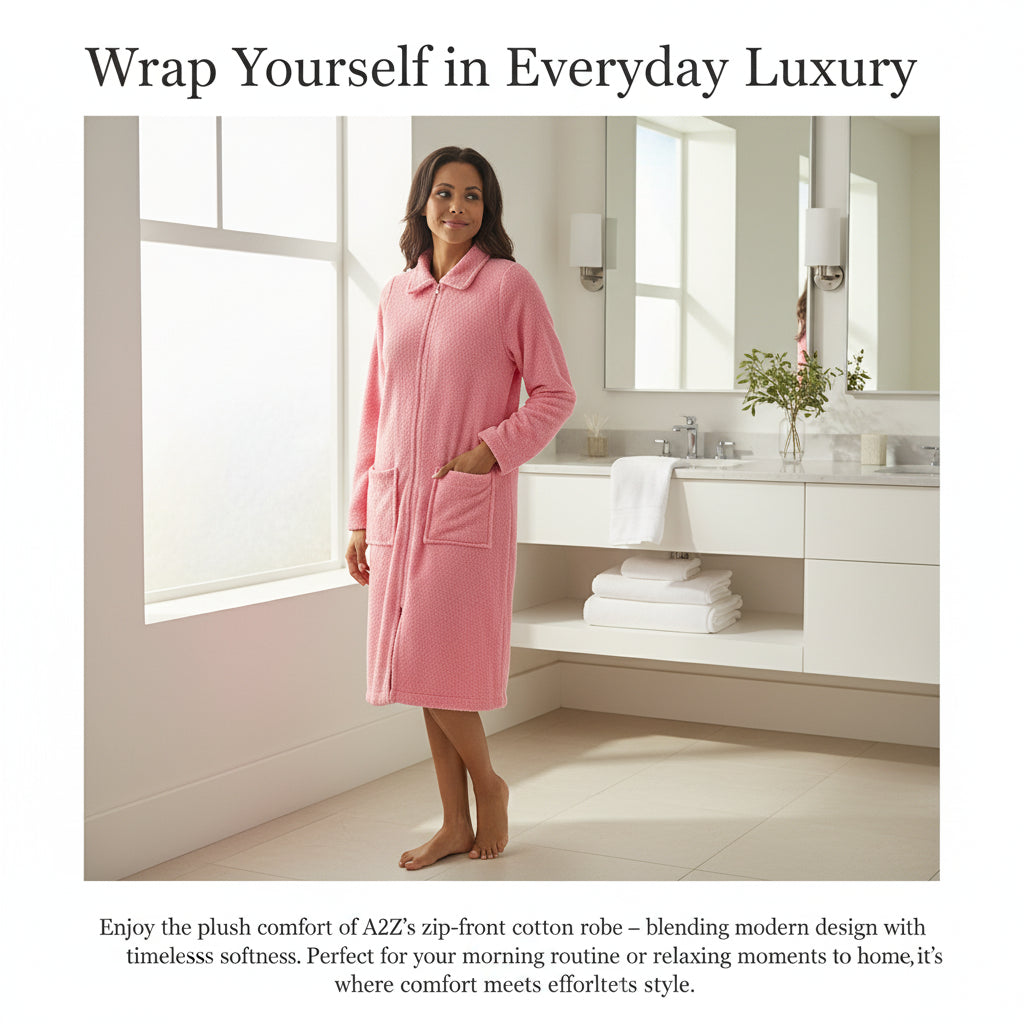 Ladies Towelling Bathrobe Front Zip Dressing Gown Long Sleeves & Deep Pockets