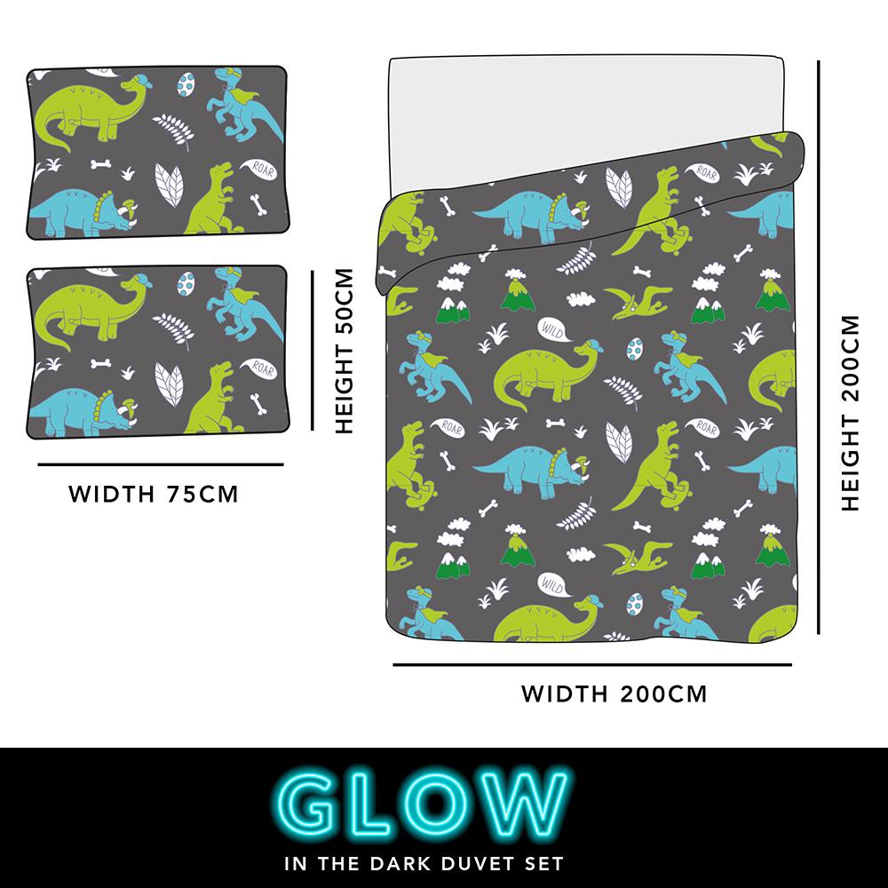 Double Duvet Cover Set Glow In The Dark Dinosaur Super Soft Warm Two Pillow Case
