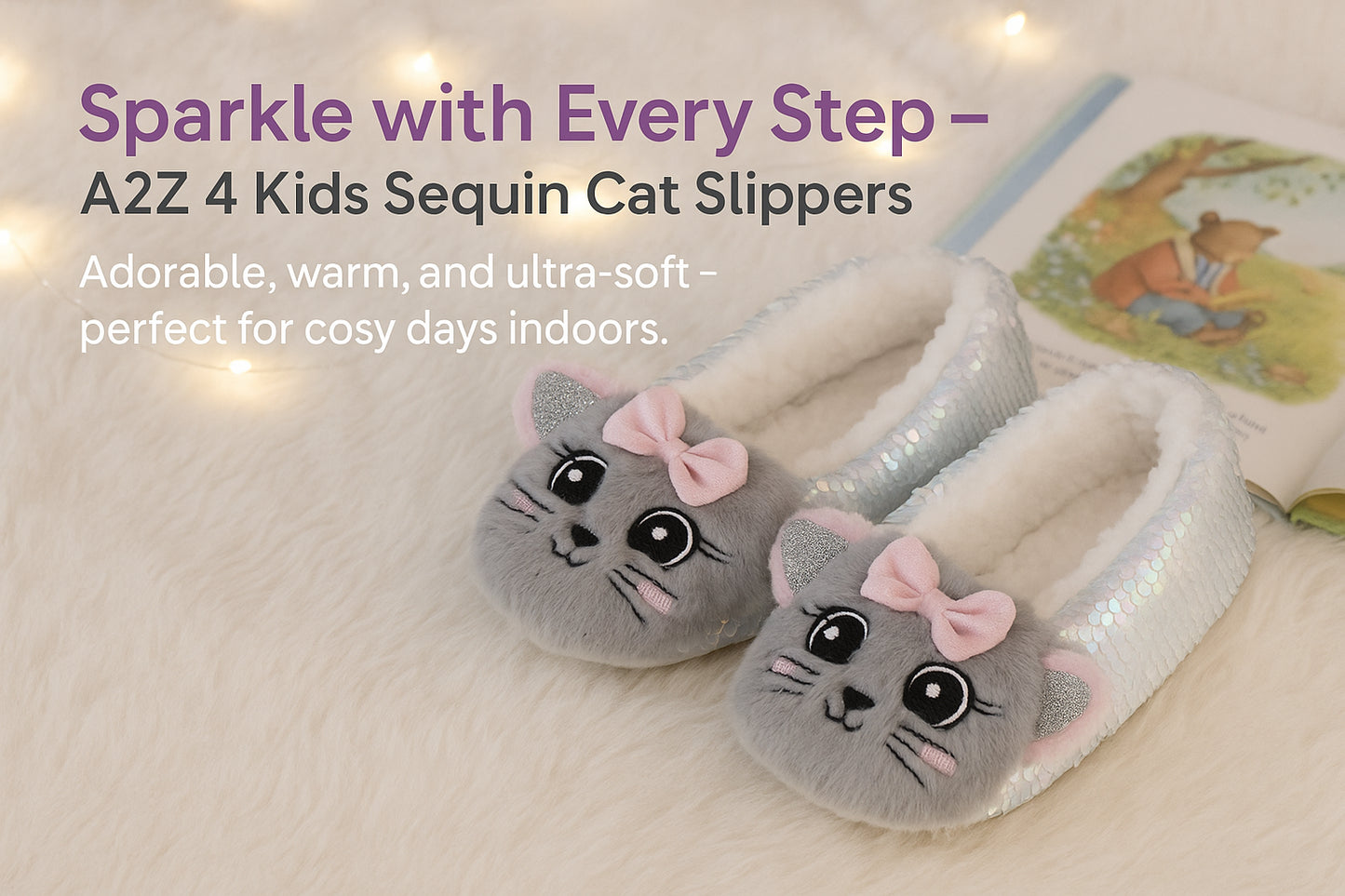 Kids Girls Grey Sequin Cat with 3D Ears Bow Soft Plush Indoor House Slippers