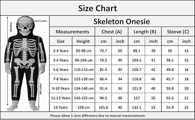 Kids Girls Boys Skeleton Print Pyjama Onesie White All In One Halloween Costume