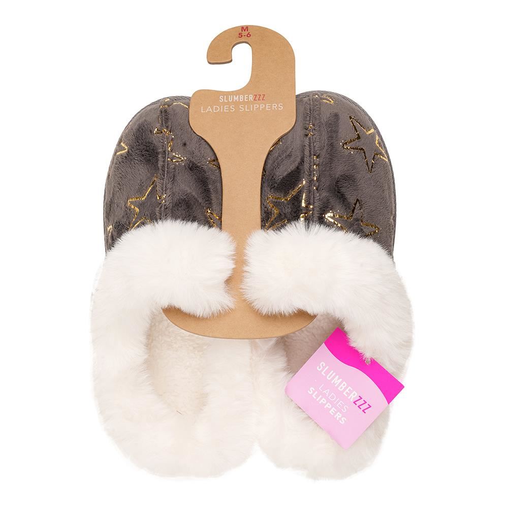 A2Z Ladies Foil Heart and Star Mule Slippers Warm Faux Fur Lined Indoor Shoes