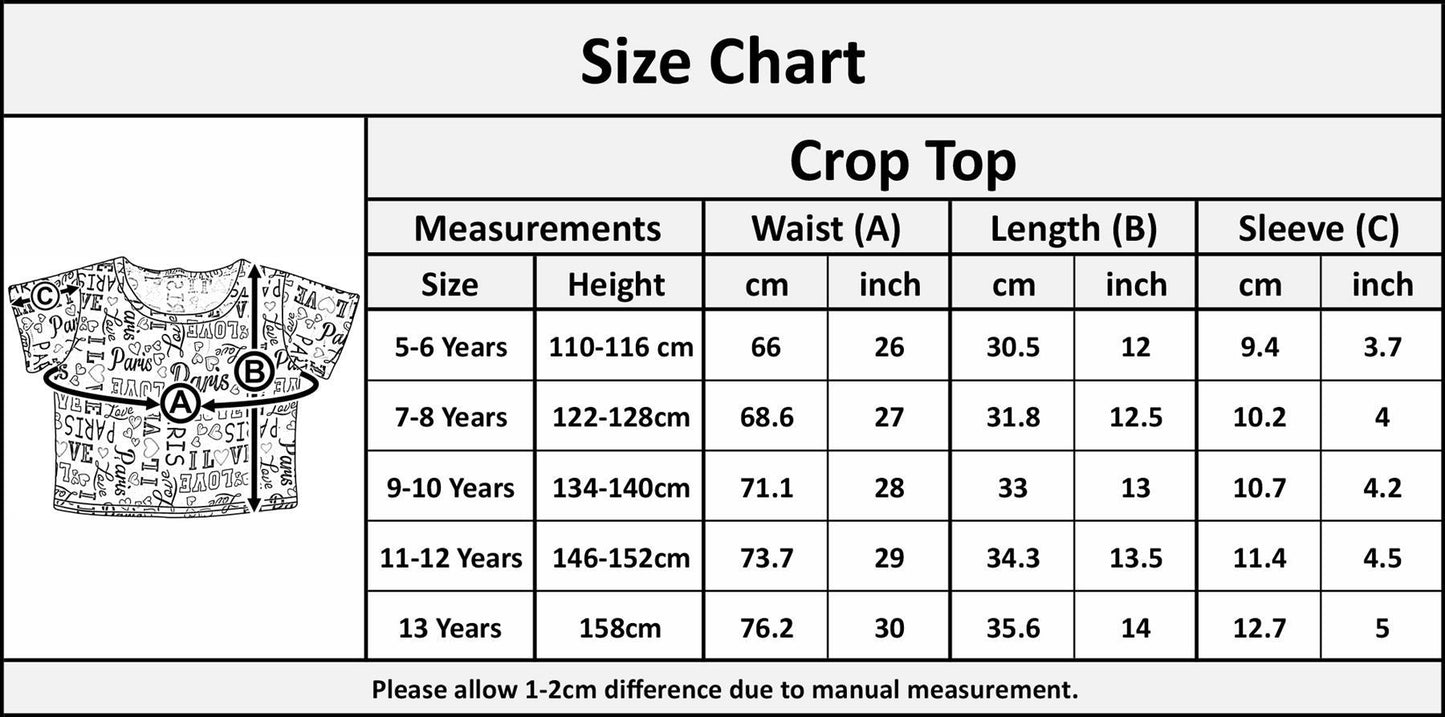 Kids I LOVE PARIS Crop Top Summer Fashion Casual Wear Girls Age 5-13 Years