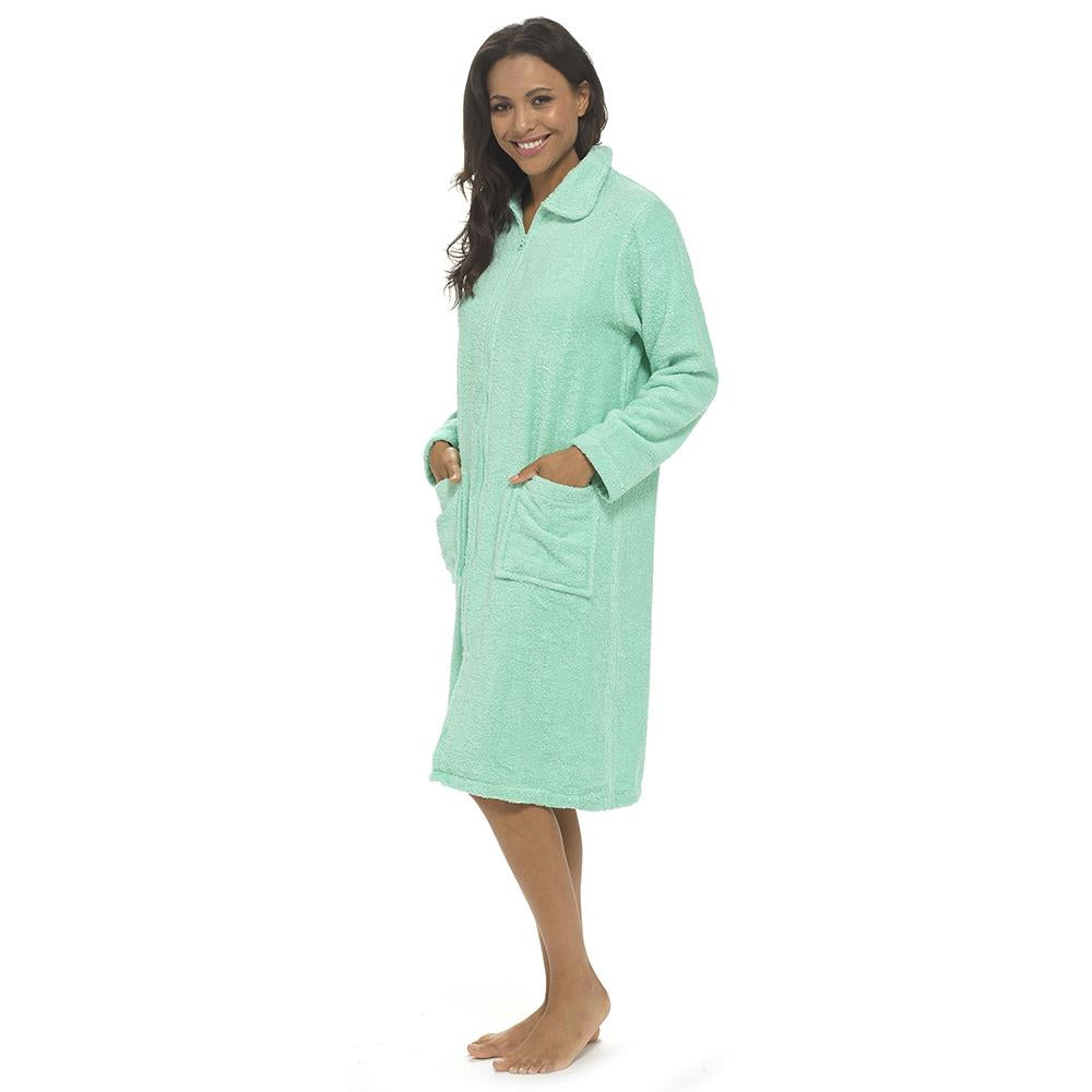 Ladies Towelling Bathrobe Front Zip Dressing Gown Long Sleeves & Deep Pockets