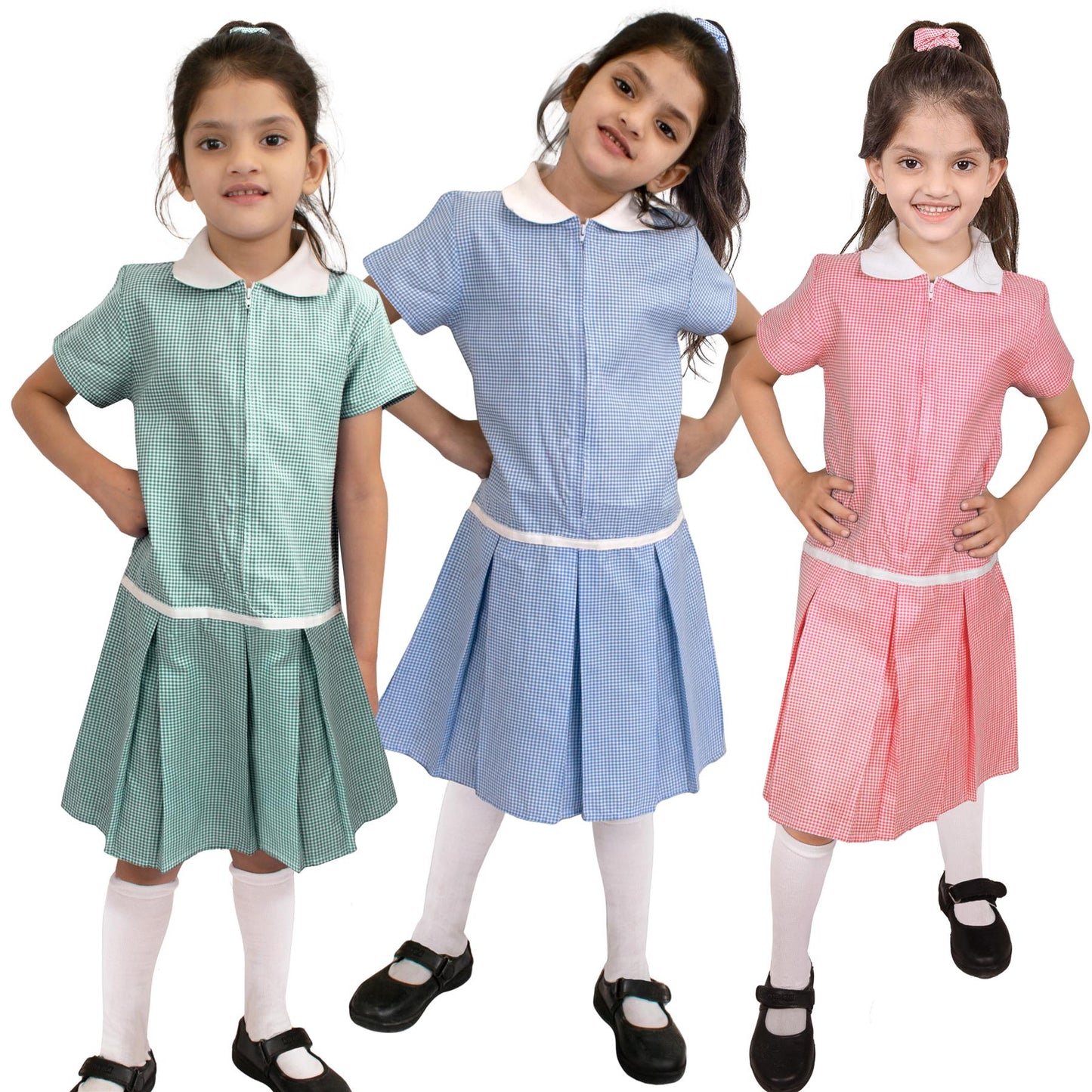 Kids Girls Gingham School Dress Zip Up Check Dresses With Matching Scrunchies