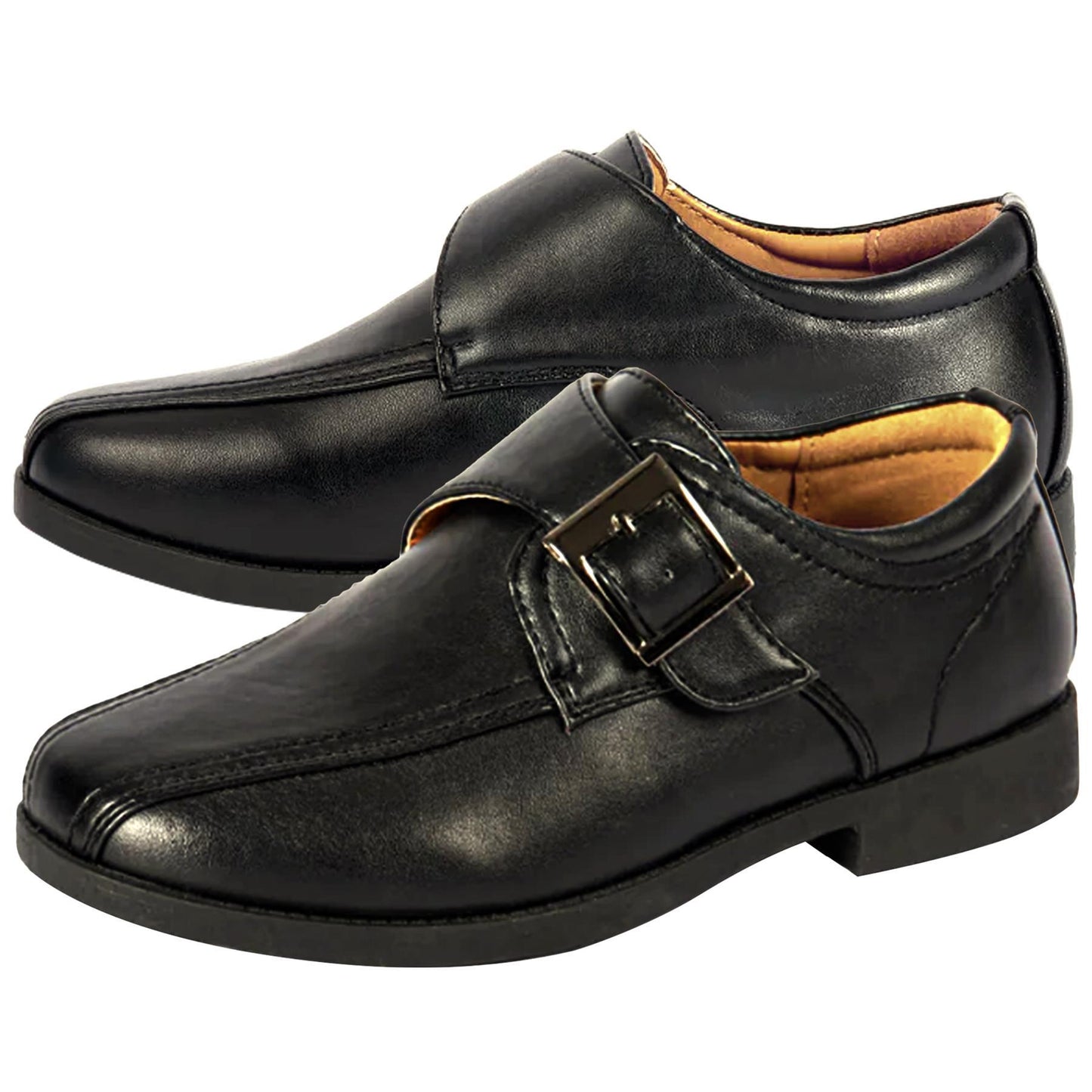 Kids Boys Teens Black School Shoes PU Leather Touch Fasten Strap Size 10 to 5