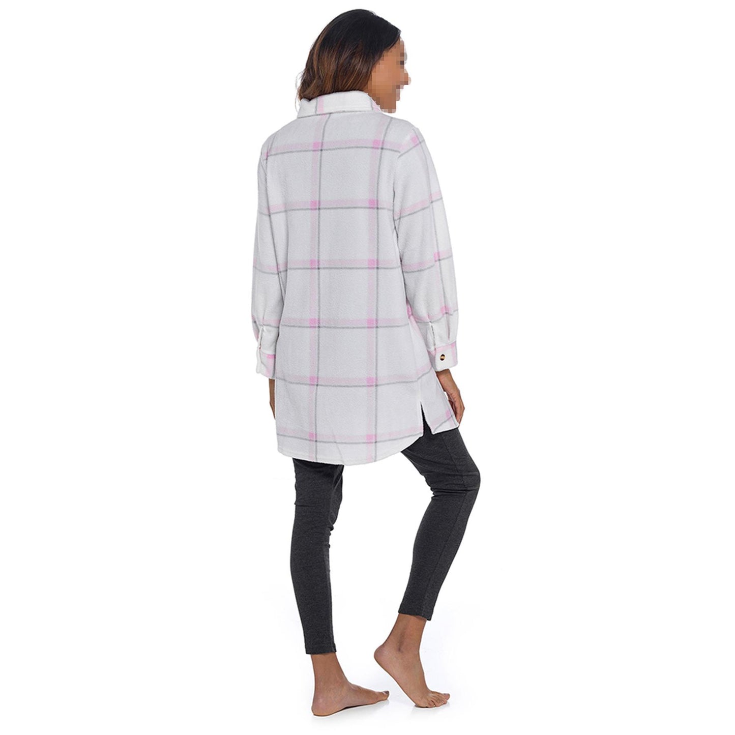 Ladies Fleece Check Shacket Oversized Shirt Jacket with Pockets Warm Winter Coat
