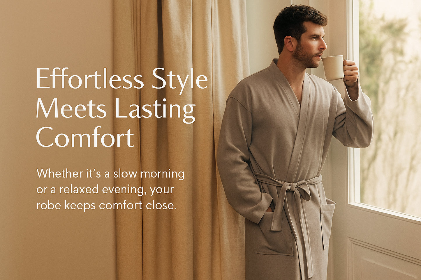 Mens Grey Texture Knitted Cotton Waffle Dressing Gown with Belt & Front Pockets