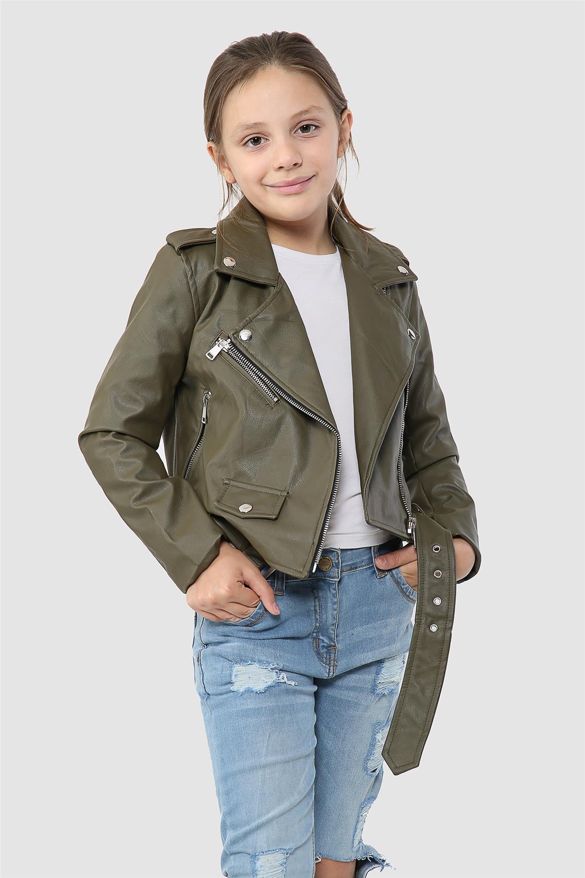 A2Z 4 Kids Girls PU Leather Jacket Zip Up Biker Trendy Belted Coats 5-13 Years