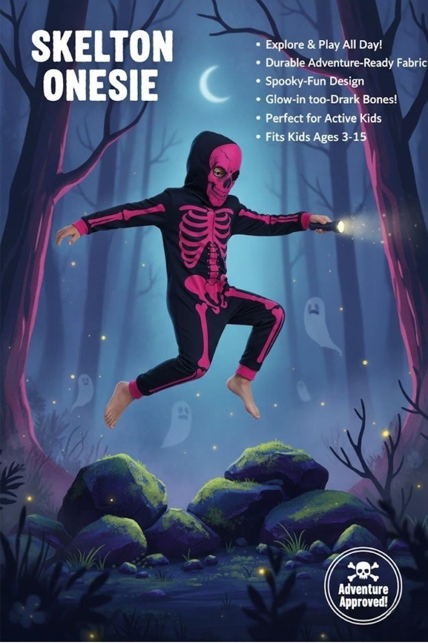 Kids Girls Boys Skeleton Print Pyjama Onesie Neon Pink All In One Halloween Costume