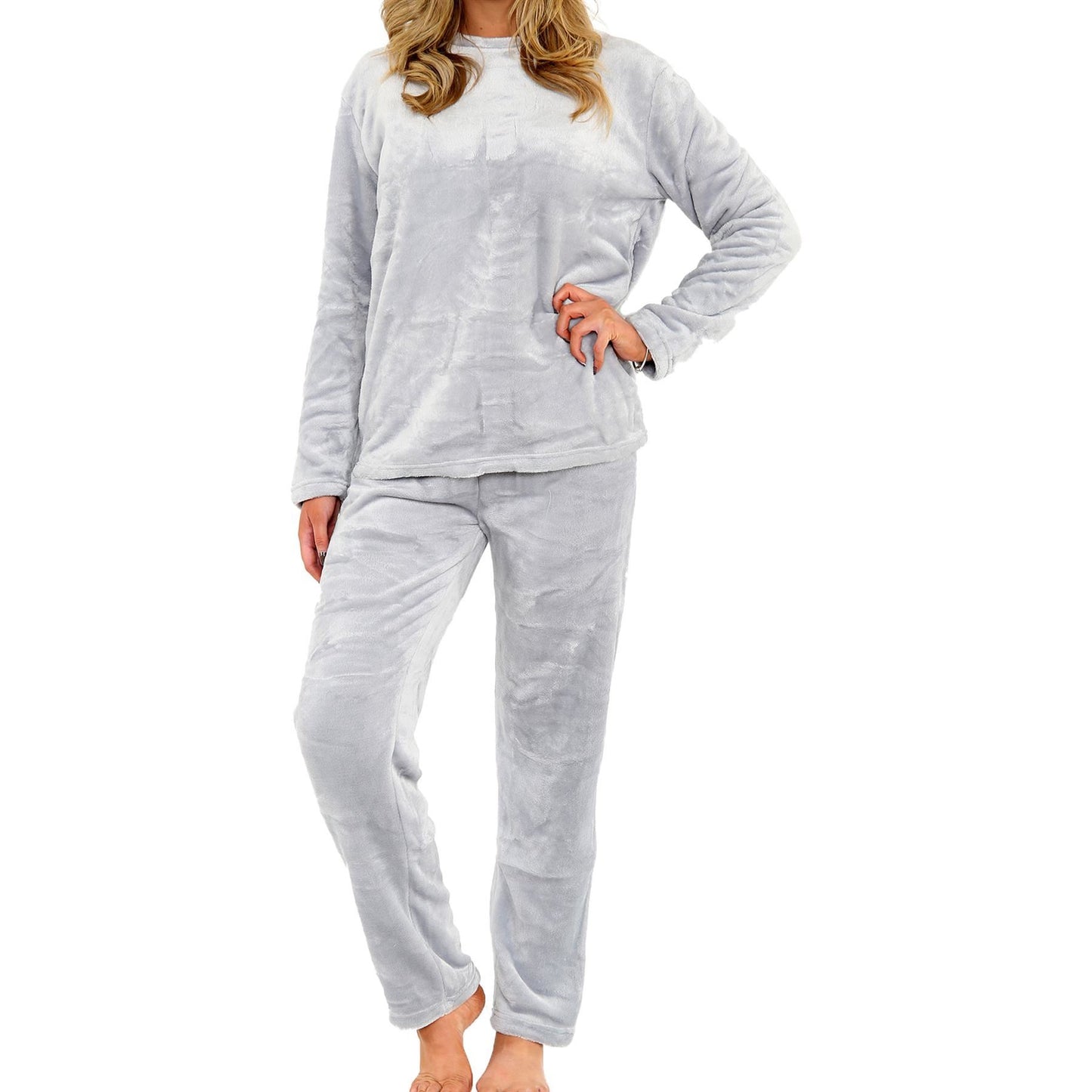 Ladies Pyjamas Soft Warm Fleece Adults Crew Neck Pyjamas 2 Piece Gift Set