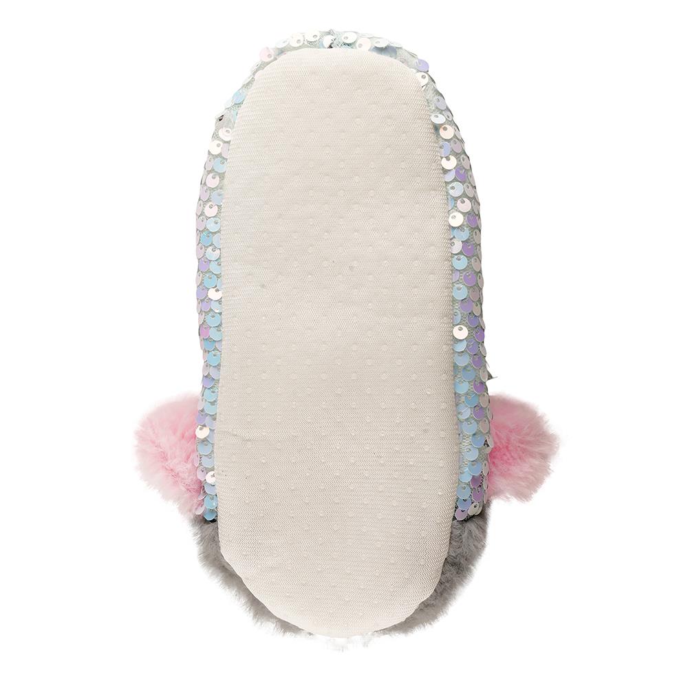 Kids Girls Grey Sequin Cat with 3D Ears Bow Soft Plush Indoor House Slippers