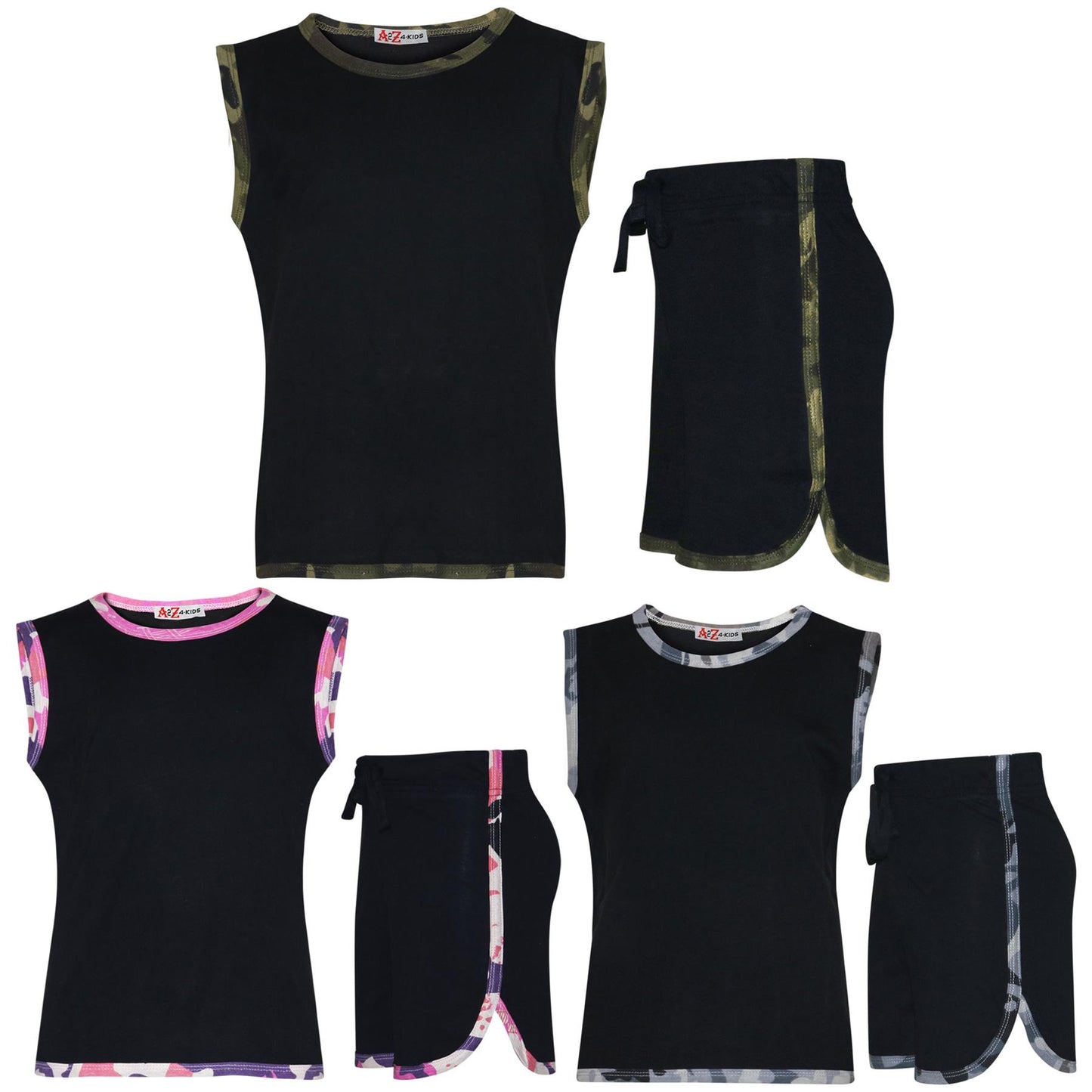 Kids Girls Shorts Set 100% Cotton Camouflage Taped Summer Vest Top Short 5-13 Yr