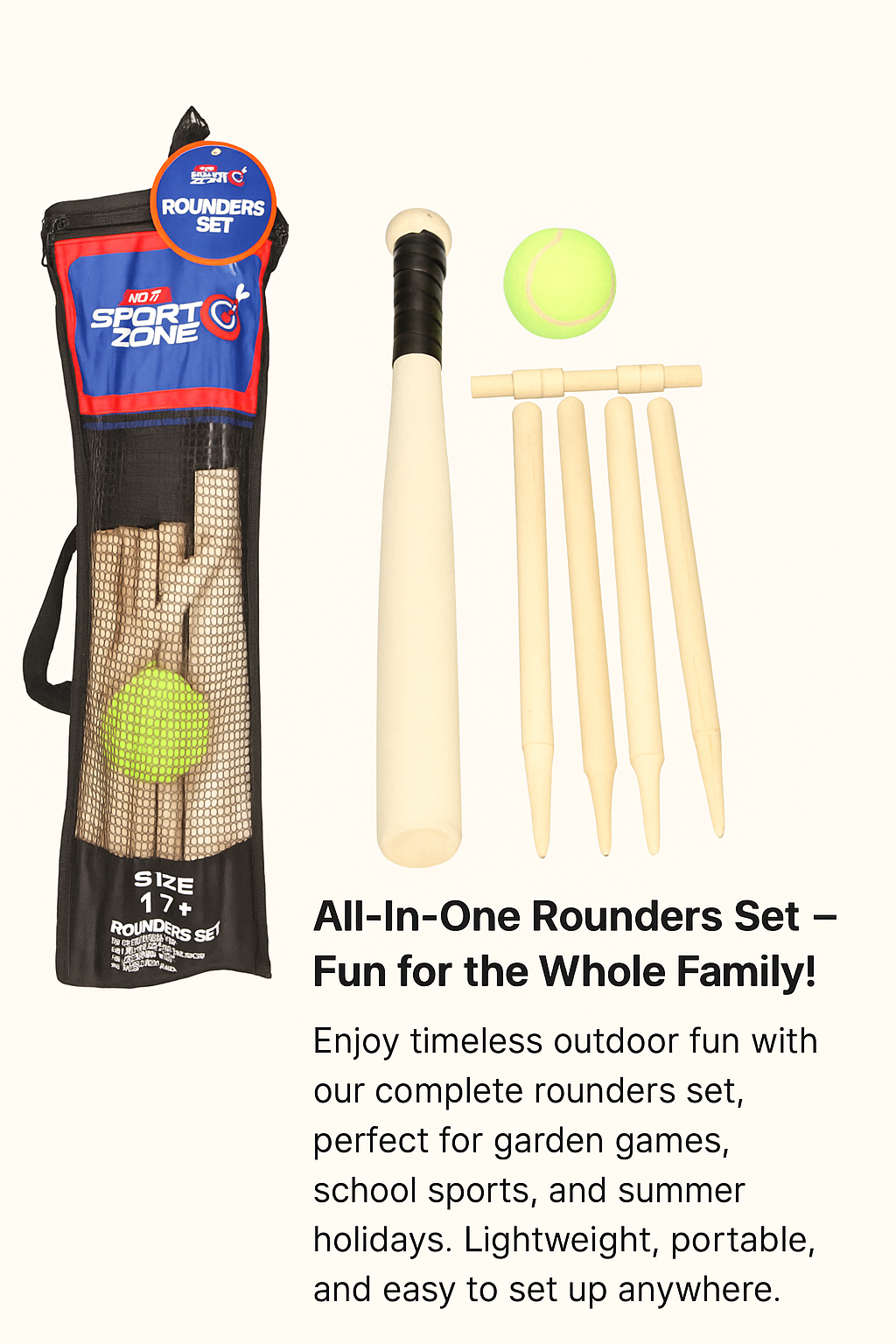 A2Z 6 Piece Wooden Rounders Set Outdoor Baseball Bat Active Game With Carry Bag