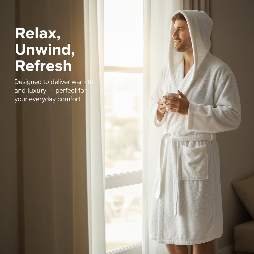 Mens Hooded Towelling Robe Soft Cotton Absorbent Bathrobe with Belt Deep Pockets
