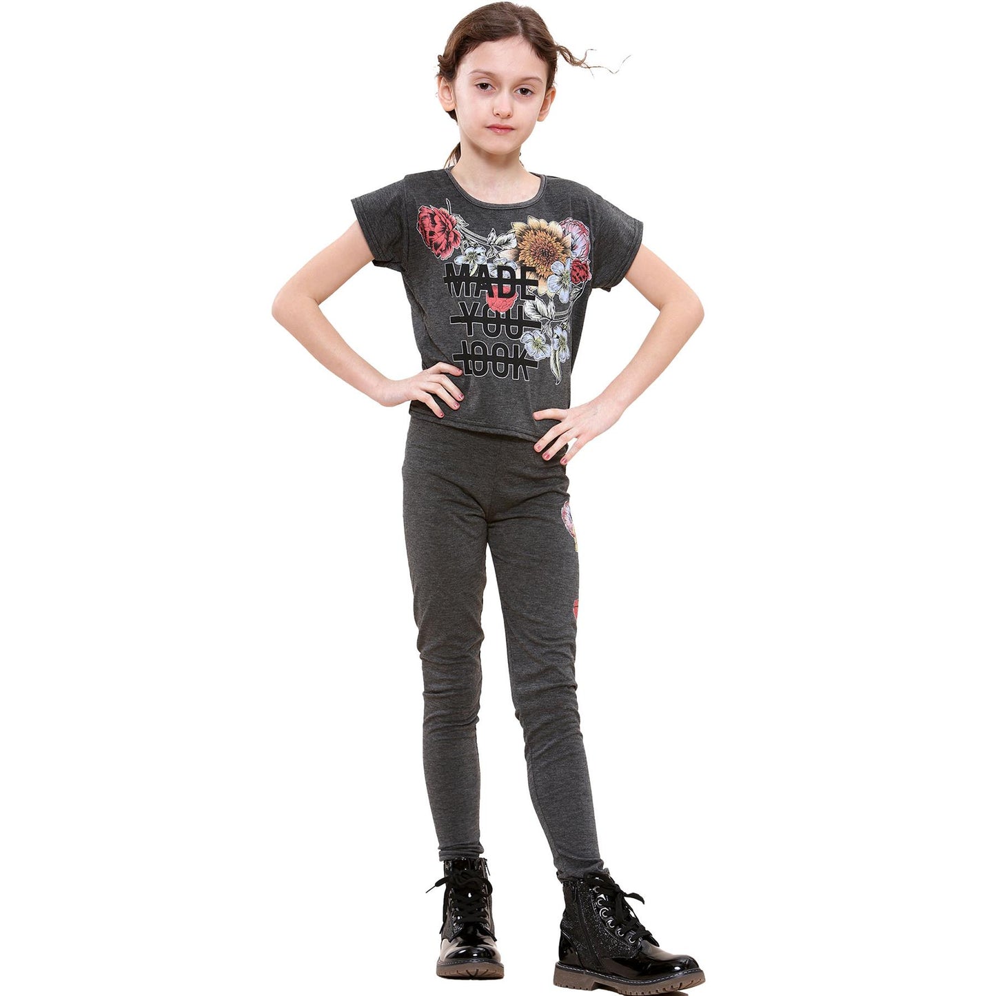 Girls Top Kids Short sleeves Made You Look Print Crop Top & Legging Set 5-13 Yrs