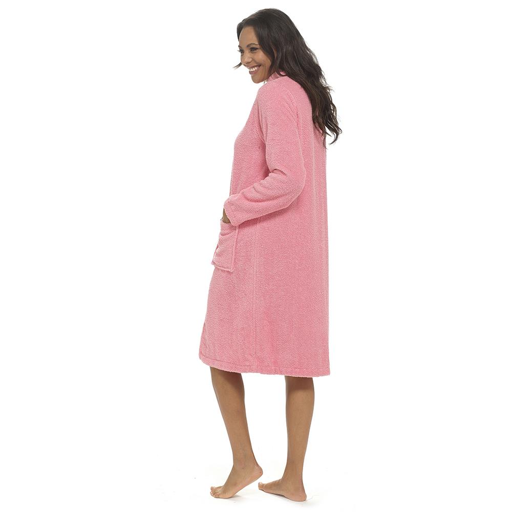Ladies Towelling Bathrobe Front Zip Dressing Gown Long Sleeves & Deep Pockets