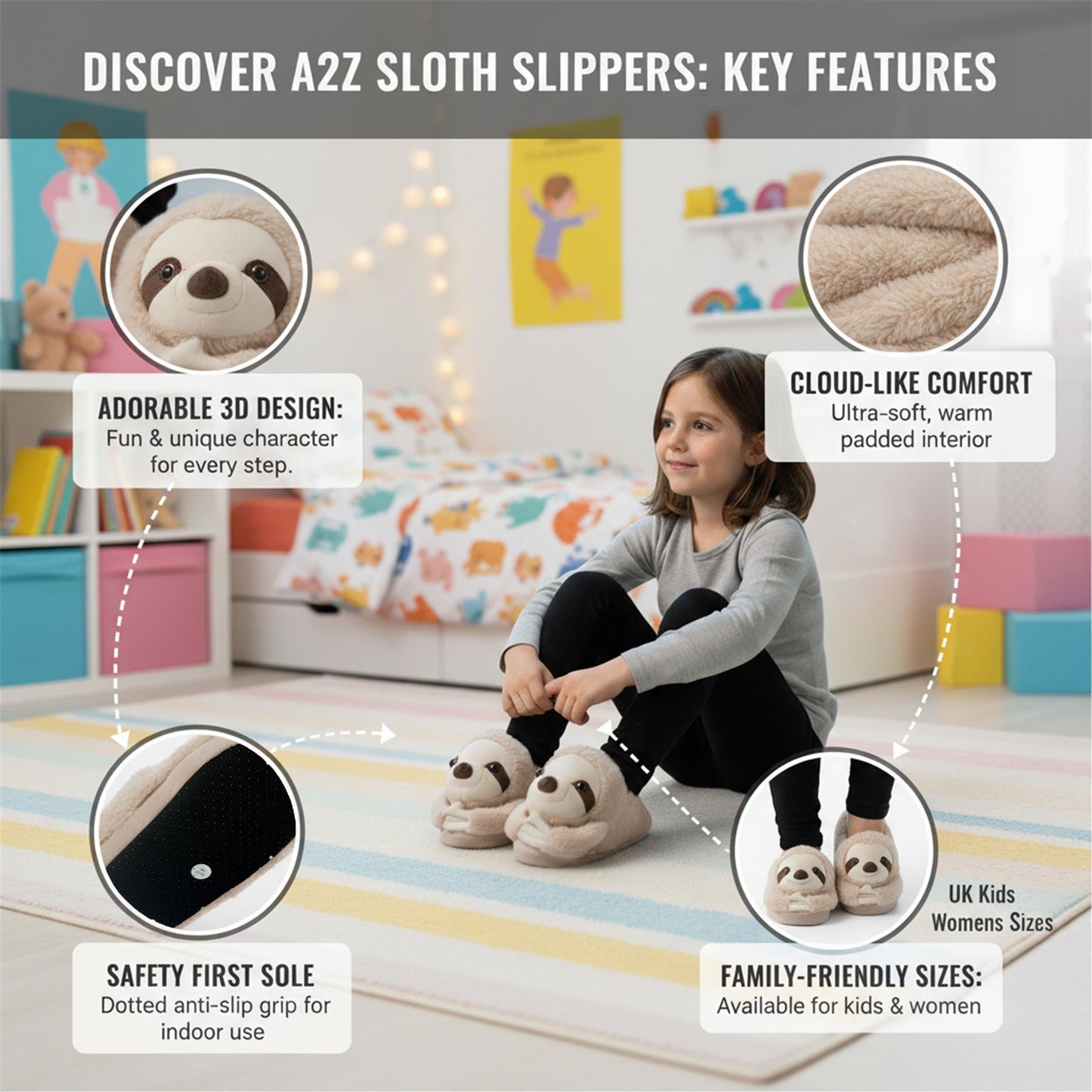 A2Z Womens Plush Slippers 3D Animal Sloth Warm and Soft Indoor House Shoes Beige