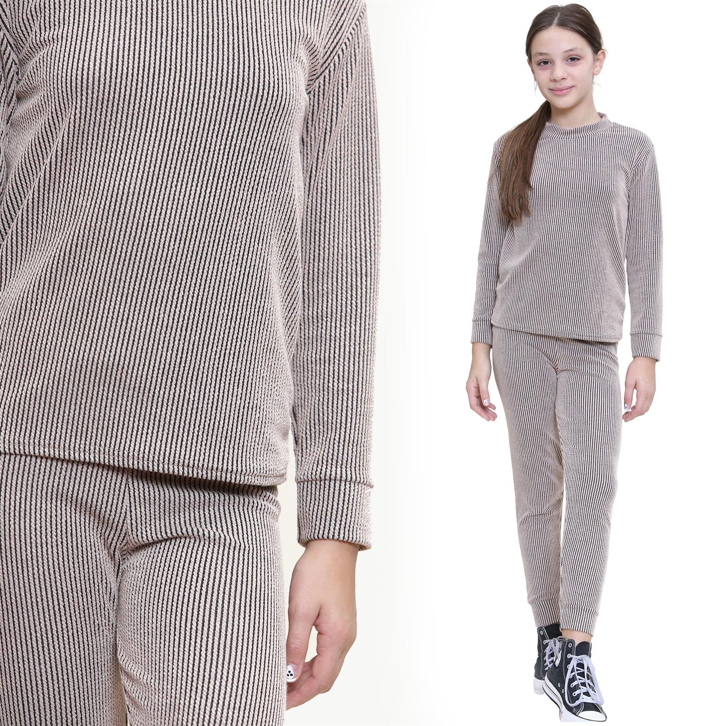 Kids Girls Ribbed Top & Bottom Tracksuit Lounge Wear Long Sleeves Outfit Set