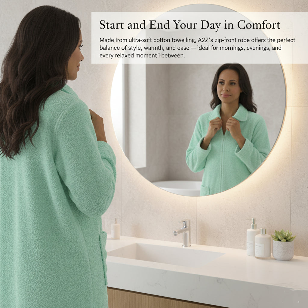 Ladies Towelling Bathrobe Front Zip Dressing Gown Long Sleeves & Deep Pockets