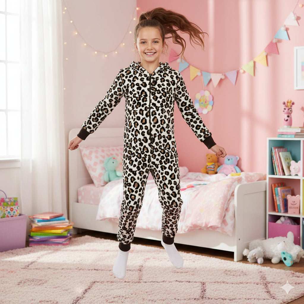Kids Girls Boys Onesie Soft Fluffy Leopard Print All In One Xmas Costume 7-13 Yr