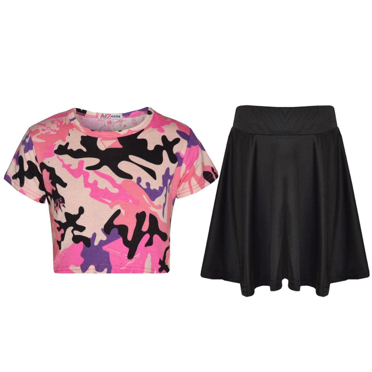 A2Z 4 Kids Camouflage Crop Top & Skater Skirt Set Short Sleeves T Shirt Summer Outfit 2 Piece Activewear For Girls Age 5-13 years