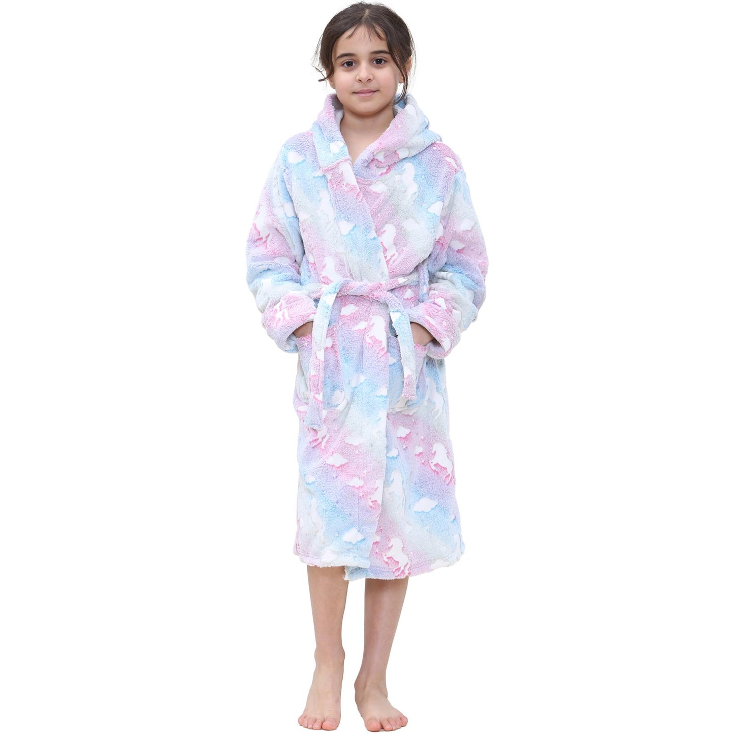 Kids Girls Fleece Glow In The Dark Sherpa Hooded Unicorn Dressing Gown Soft Robe