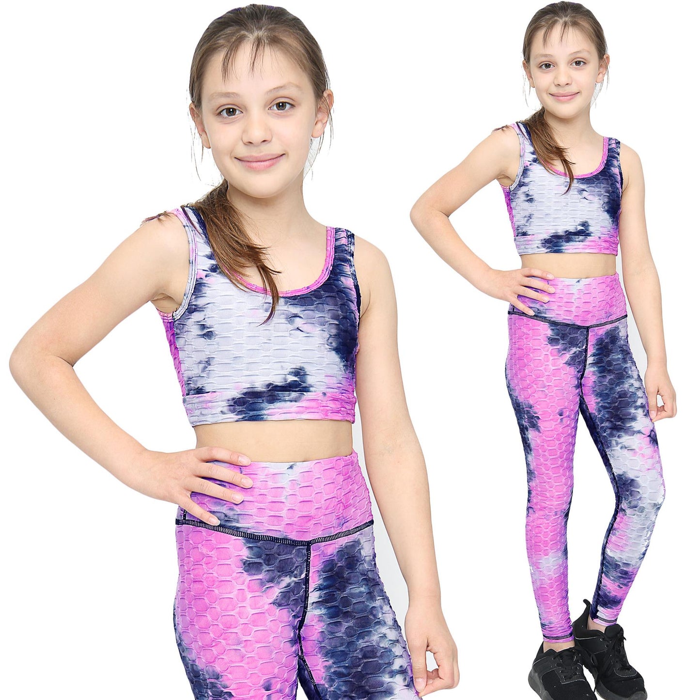 Girls Honeycomb Pink Leggings Crop Top Vest Dance Yoga Exercise High Waist Set