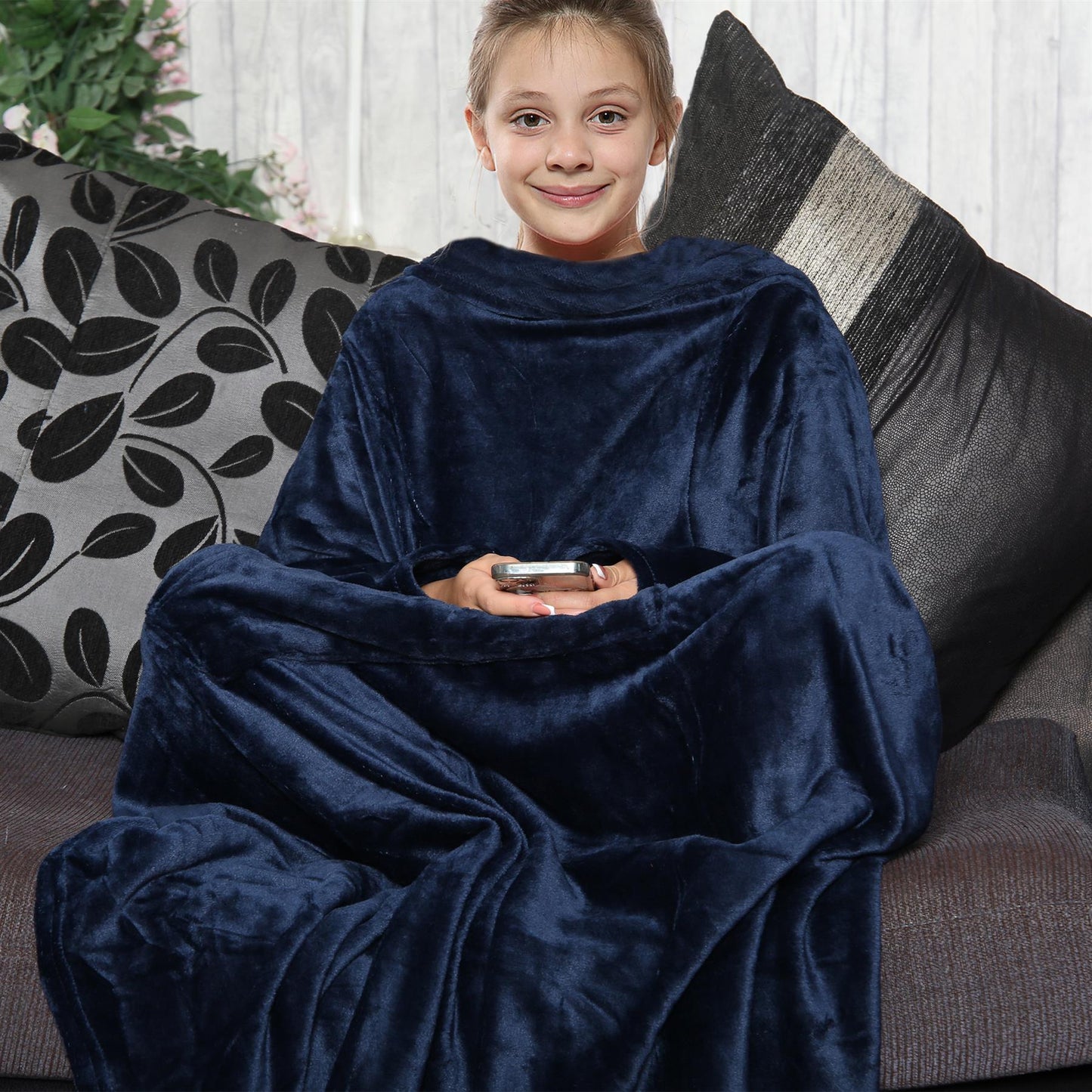 Girls Boys Unisex Navy Wearable Snuggle Sleeves Blanket Super Soft Warm Fleece
