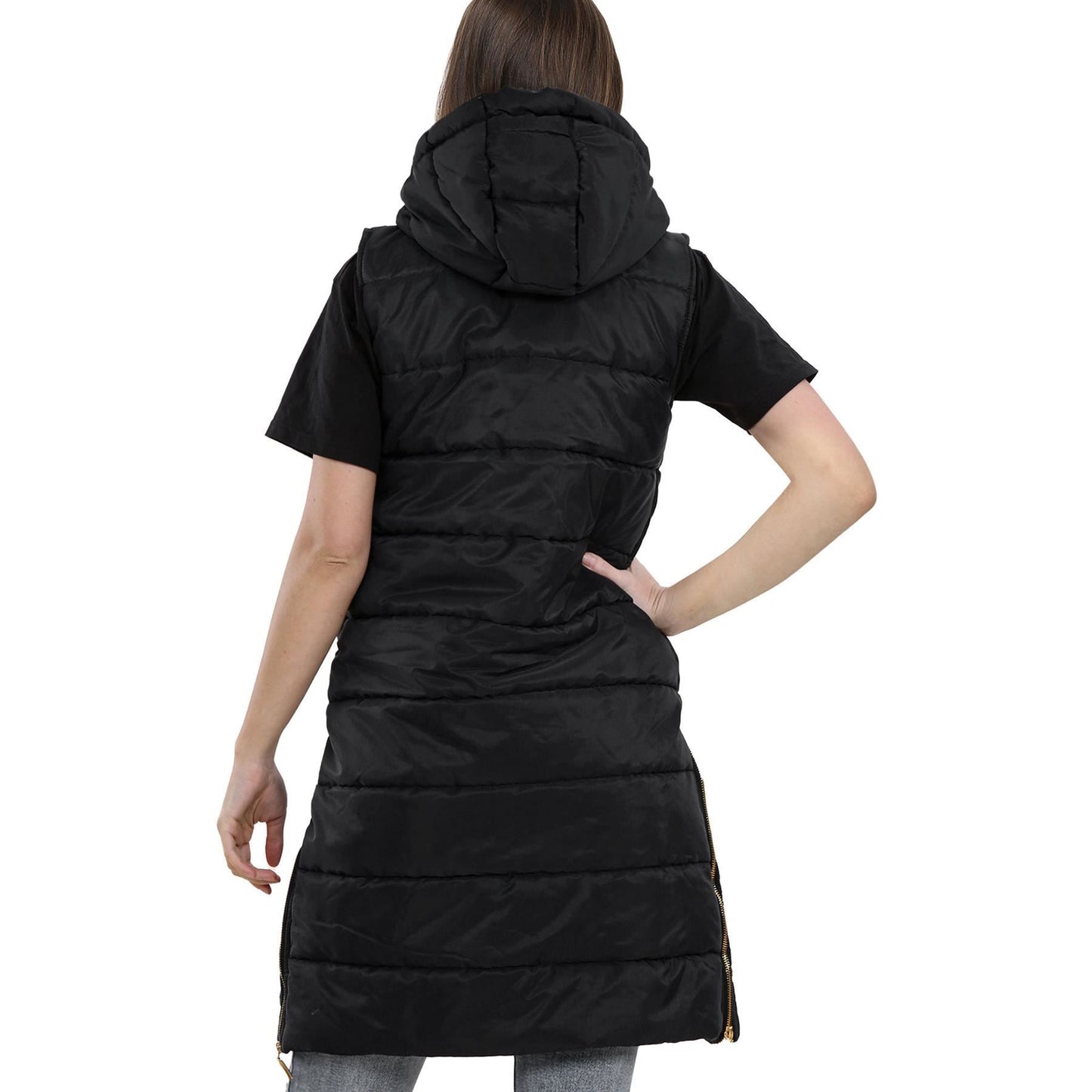 Kids Girls Oversized Gilet Long Line Hooded Quilted Jacket Long Sleeveless Coat
