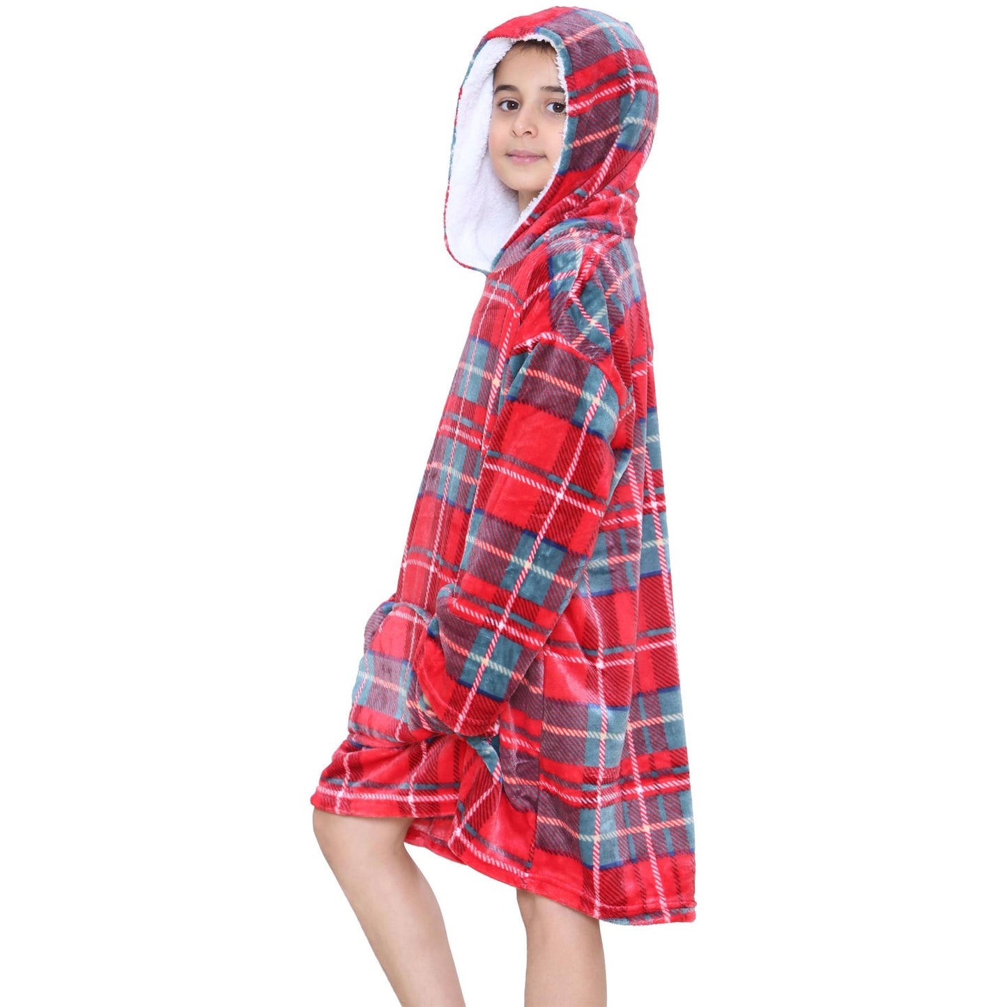 Kids Girls Boys Oversized Hoodie Blue Tartan Printed Snuggle Soft Fleece Blanket