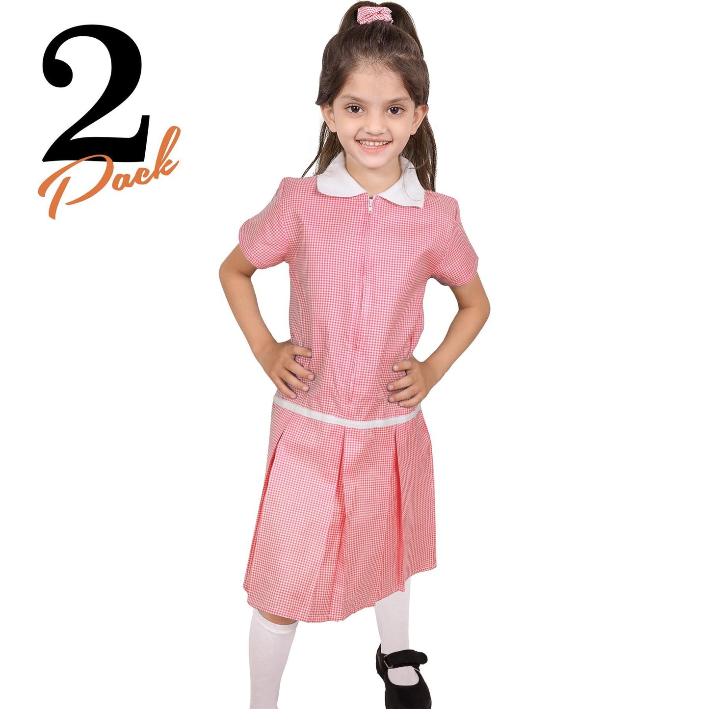 Kids Girls 2 Pack Uniform School Zip Up Gingham Dress With Matching Scrunchies