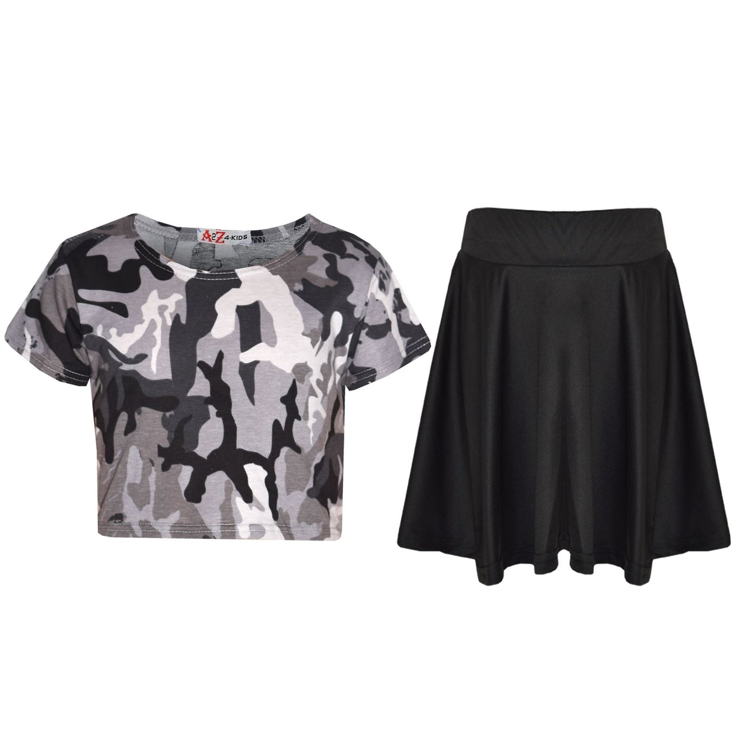 A2Z 4 Kids Camouflage Crop Top & Skater Skirt Set Short Sleeves T Shirt Summer Outfit 2 Piece Activewear For Girls Age 5-13 years