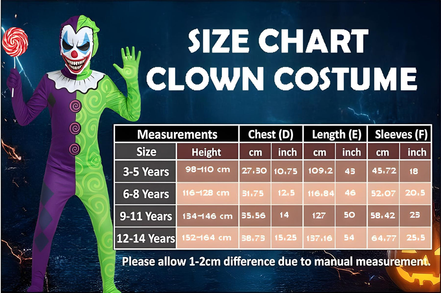 Kids Scary Creepy Clown Halloween Fancy Dress Jester Costume with Mask 3-14 Yrs