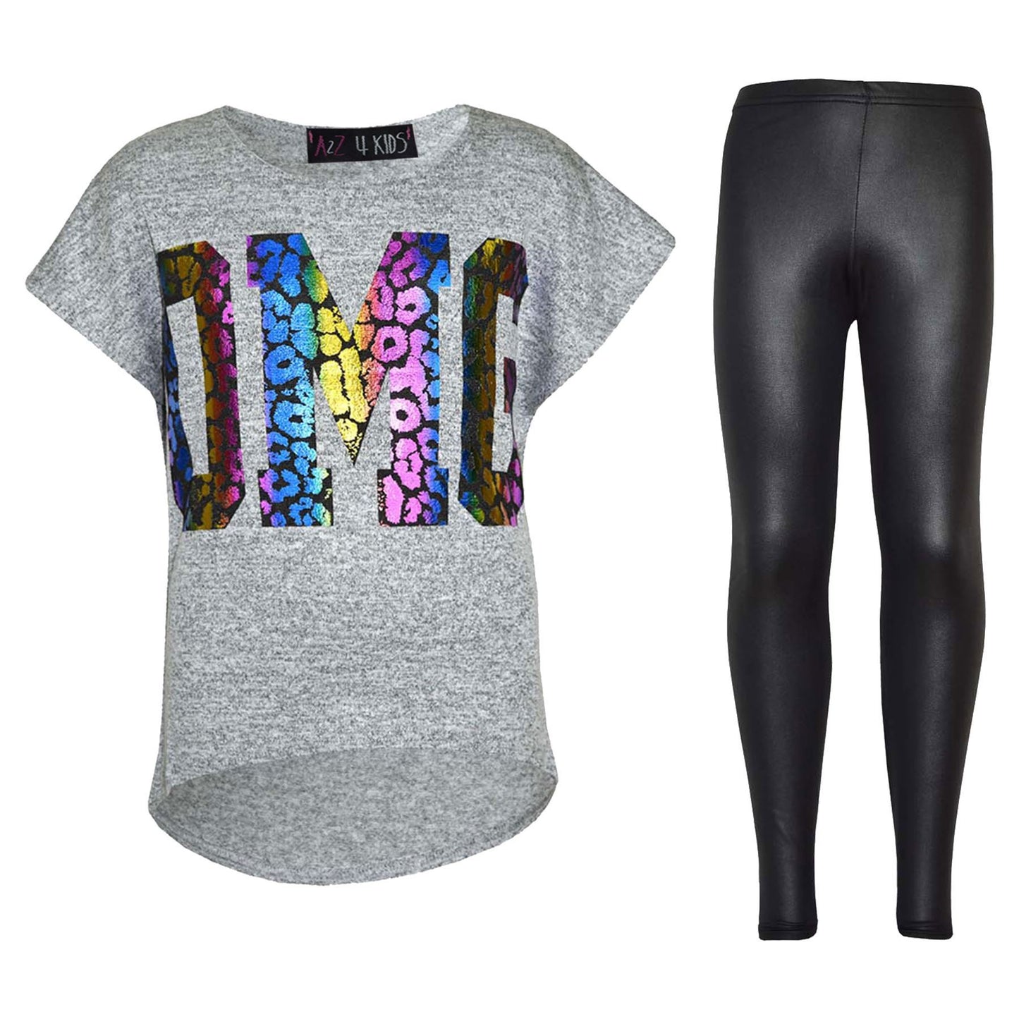 Kids Girls OMG Print T Shirt Top & Wet Look Leopard Legging Outfit Set 7-13 Yrs