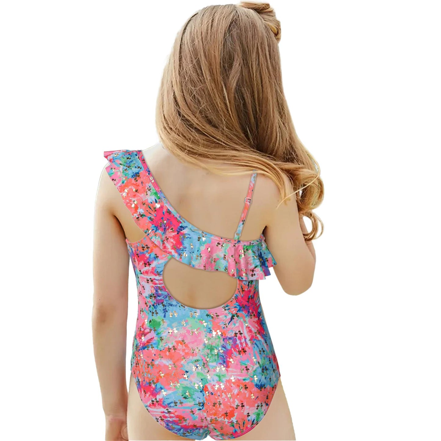 Kids Girls Swimsuit Ruffle Trim Long Sleeve Heart Pattern Swimming Costume 2-14
