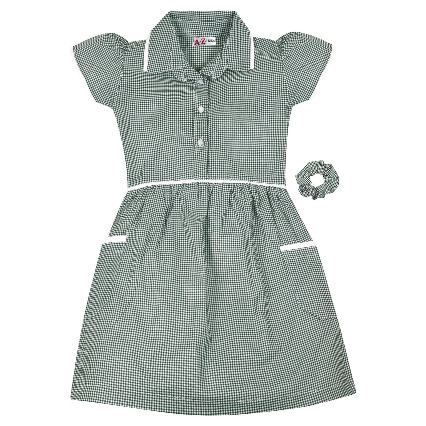 Kids Girls Gingham School Dress Check Dresses With Matching Scrunchies 2-14