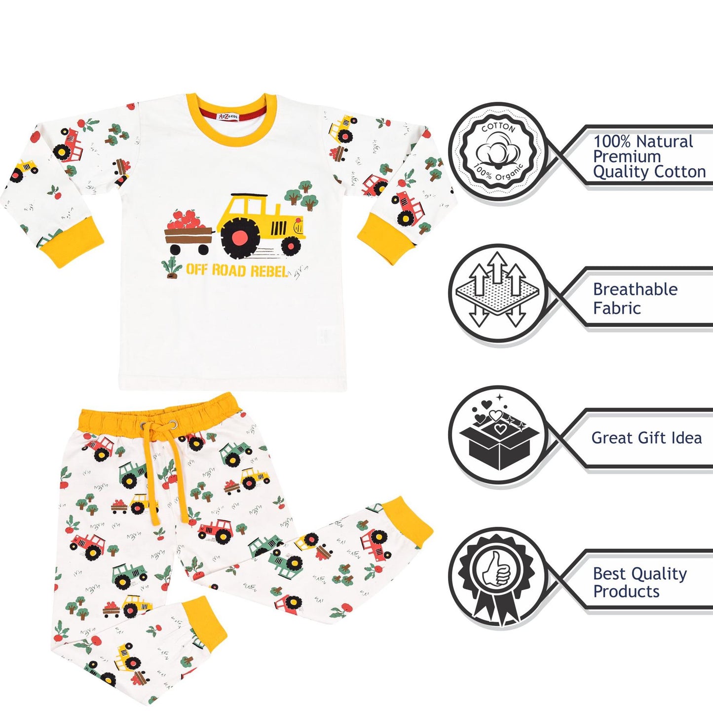 Kids Girls Boys Pyjamas Tractor Contrast Top Bottom Sleepwear Unisex Outfit Set
