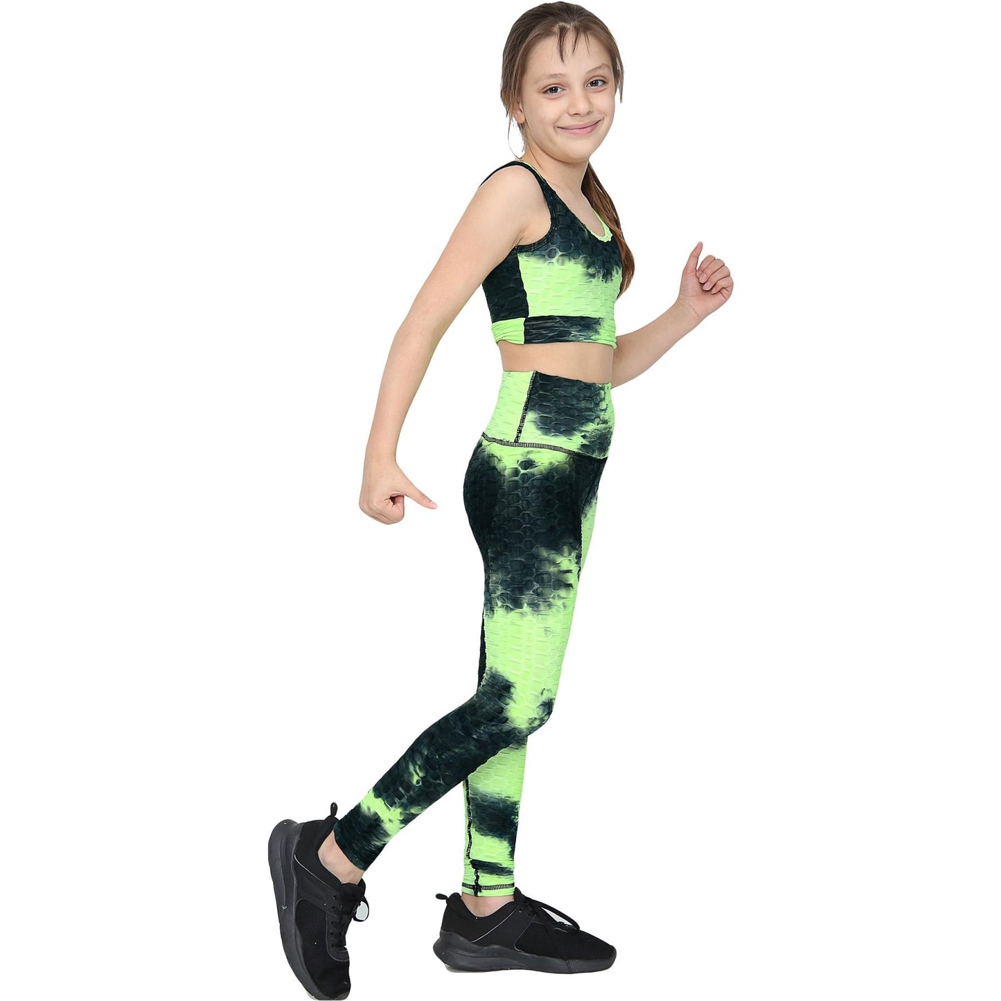 Girls Honeycomb Leggings Crop Top Vest Gym Dance Yoga Exercise High Waist Set