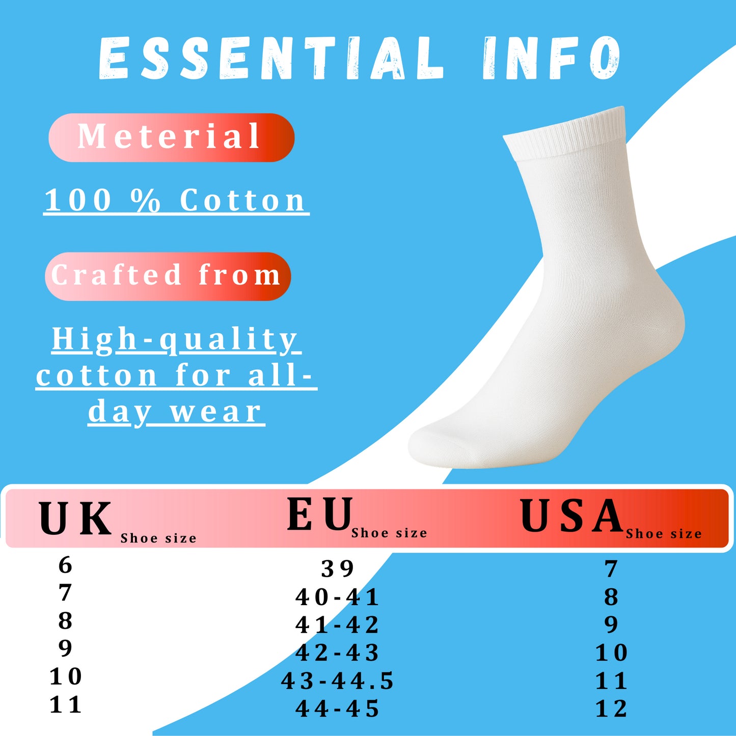 Plain Mens Cotton Socks 6 Pack Luxurious Soft Comfortable Casual Socks For Men