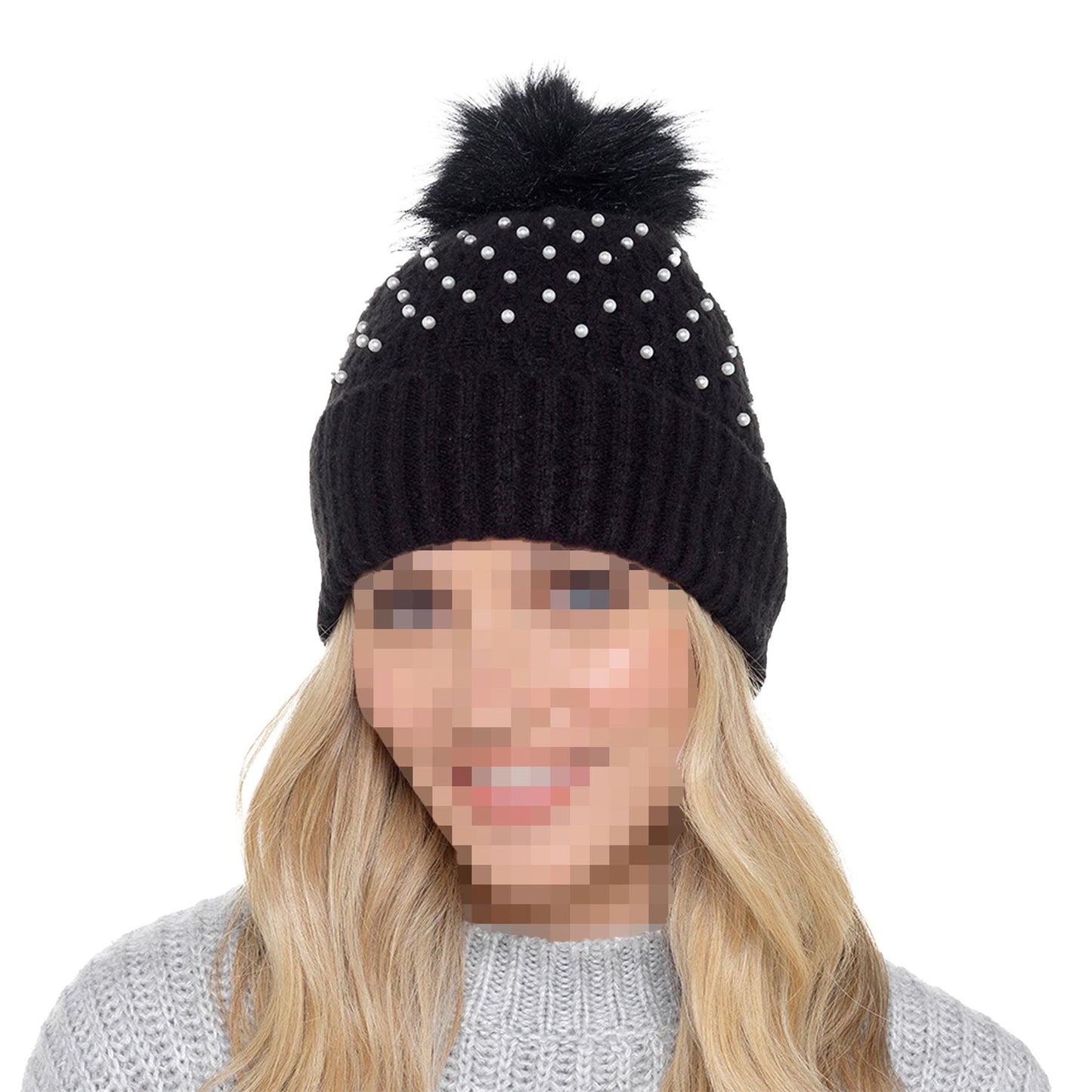A2Z Ladies Hat Ribbed Pearls Knit Bobble Pom Pom Stylish Winter Warm Cozy Hats