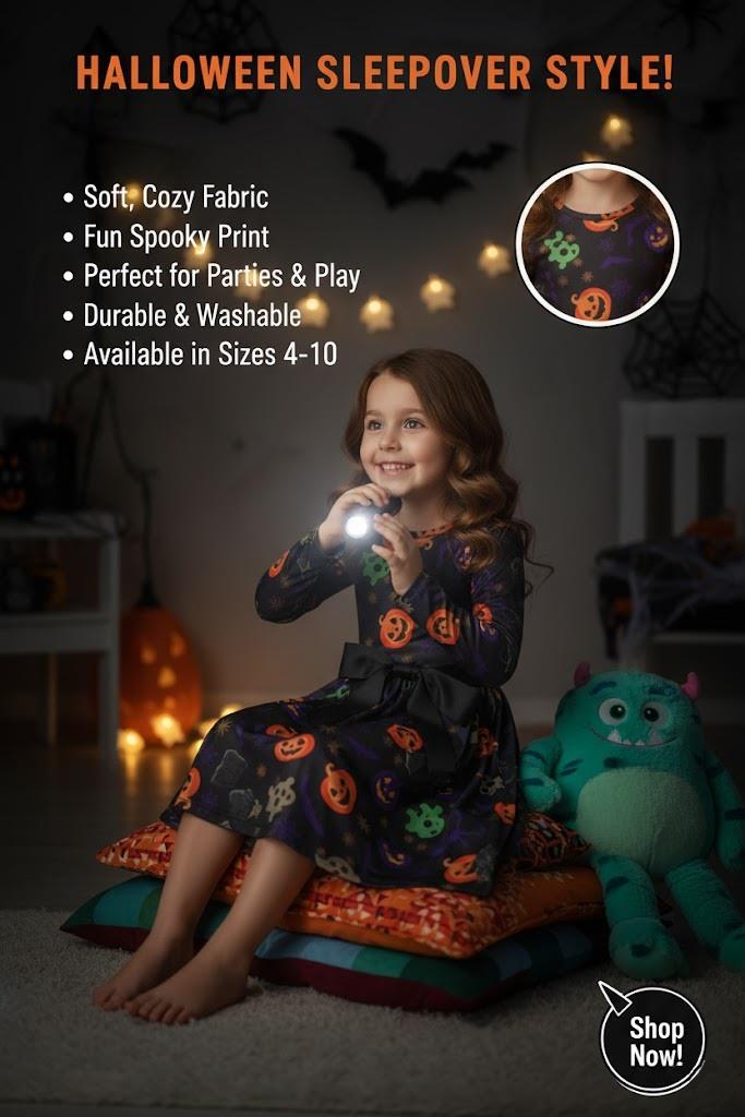 Girls Halloween Swing Dress Ghost Pumpkin Bat Spooky Parties Costume 5-13 Yrs