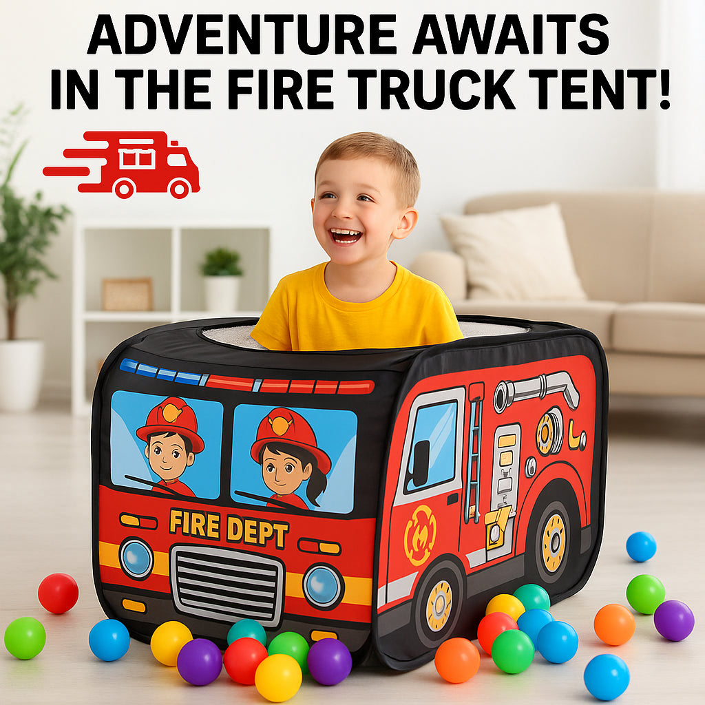 Kids Pop Up Fire Truck Tent with 50 Balls Foldable Playhouse Toy for Toddlers