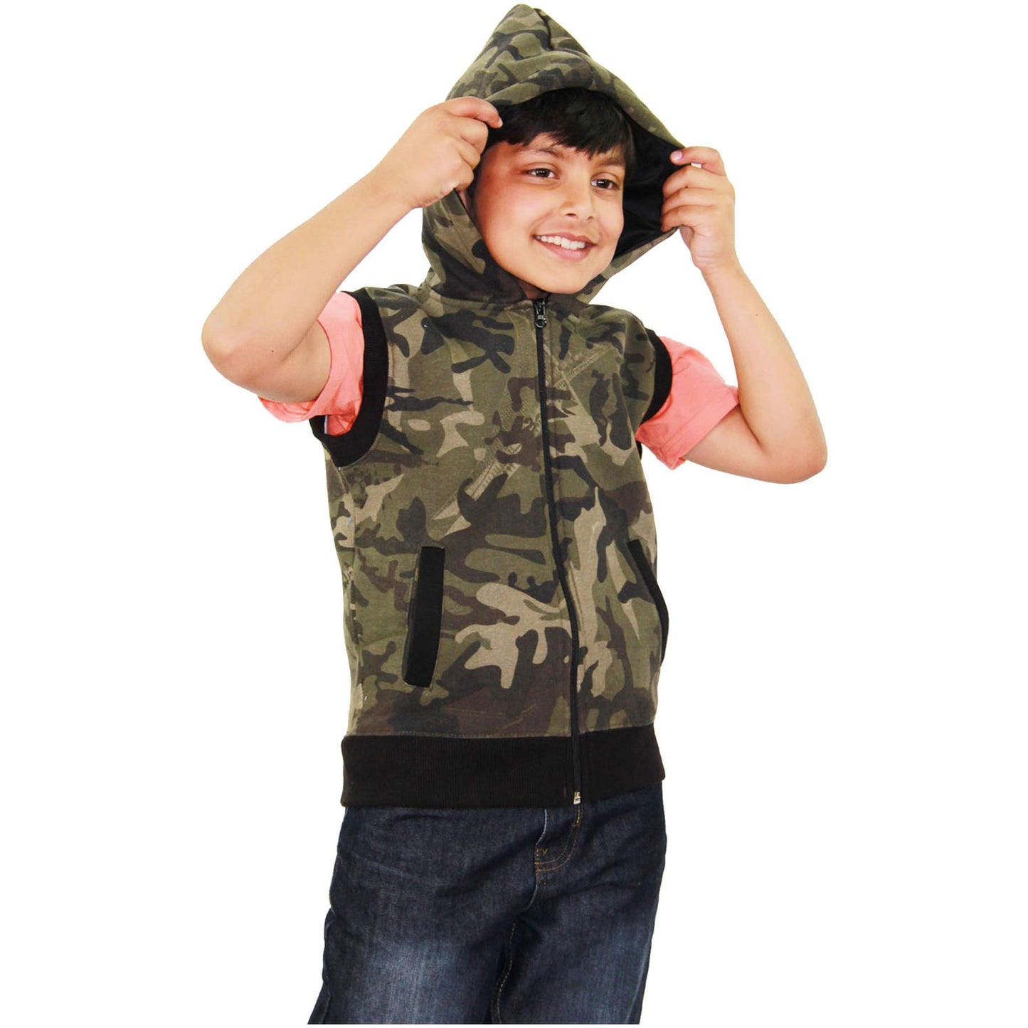 Kids Hooded Gilet Jacket Fleece Fabric No Sleeve Zipper Coat Boys Age 5-13 Year