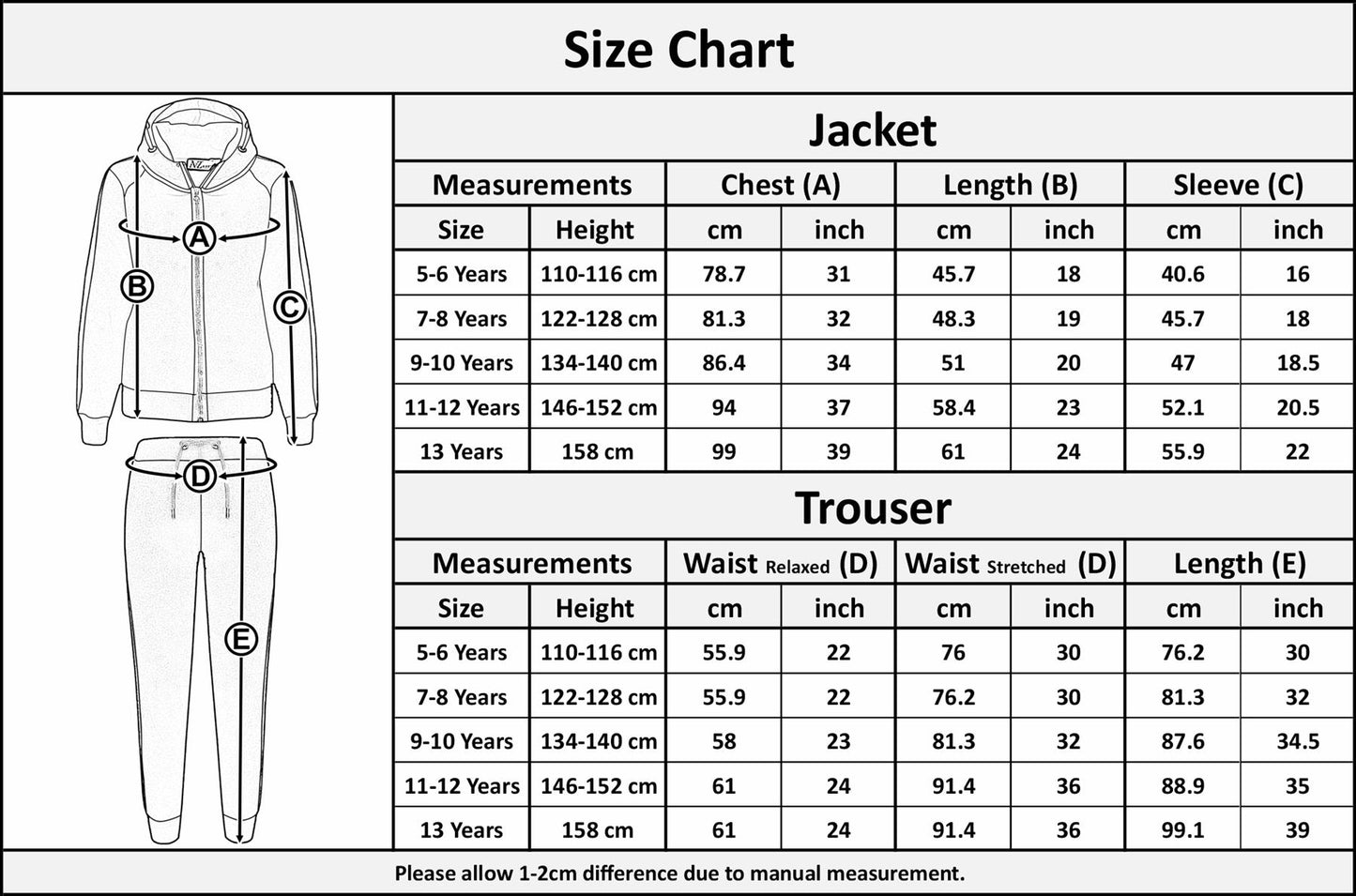 Kids Girls Boys Jogging Suit Fleece Hooded Hoodie Bottom Tracksuit Jogger 5-13Yr