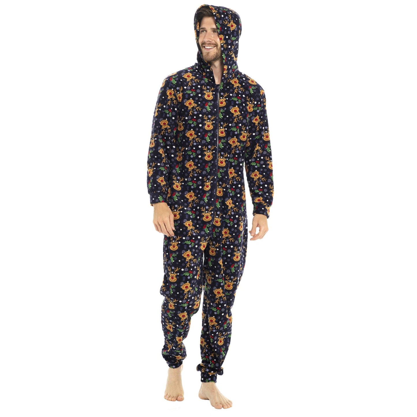A2Z Men Womens Xmas Micro Fleece Hooded Soft Warm All in One Festive Pyjamas