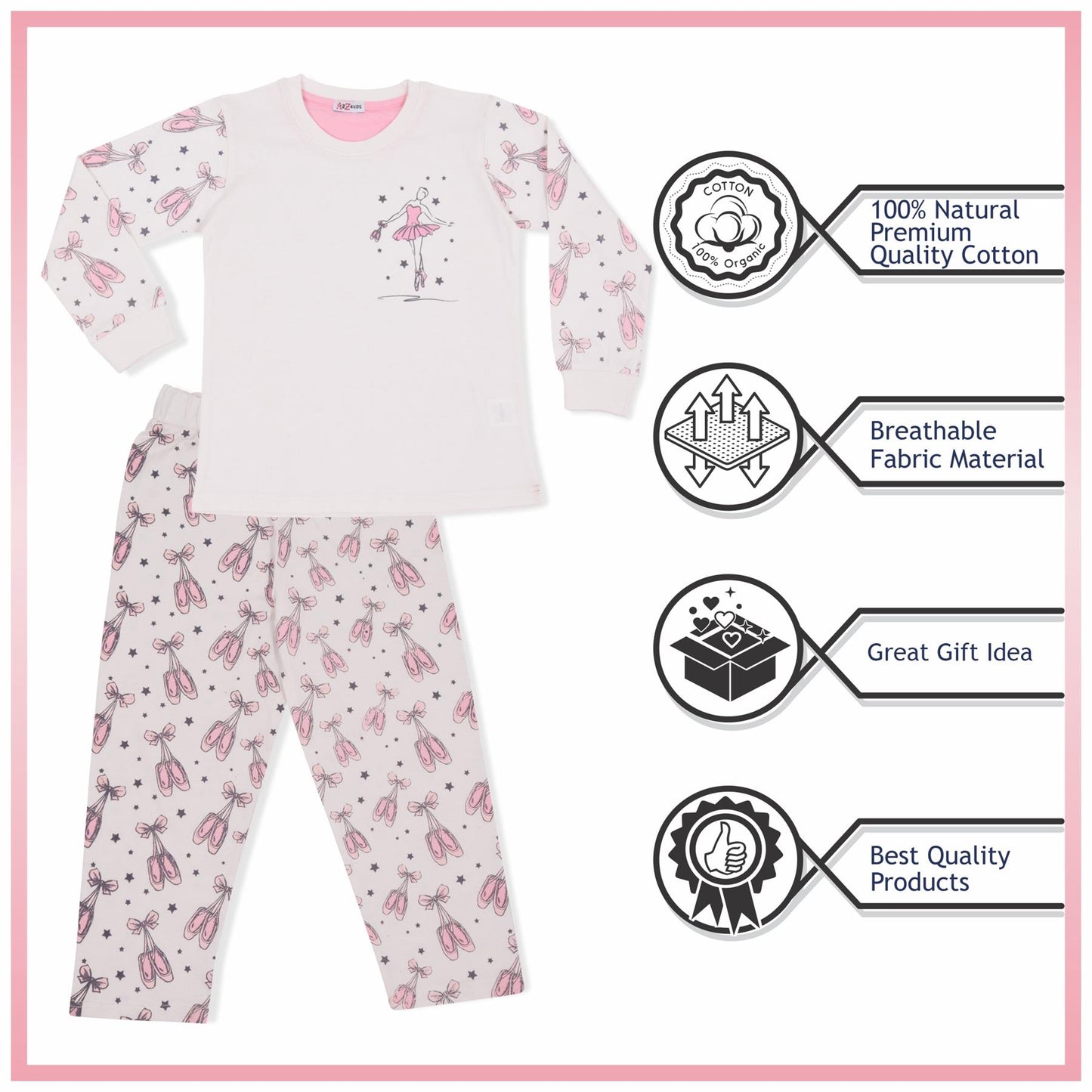A2Z 4 Kids Girls Ballerina Print Children PJs 2 Piece Cotton Set Lounge Suit Nightwear Sleepwear Top Bottom Pyjamas Loungewear Dress Up Outfit Set Gifts for Children & Girls Age 2-13 Years