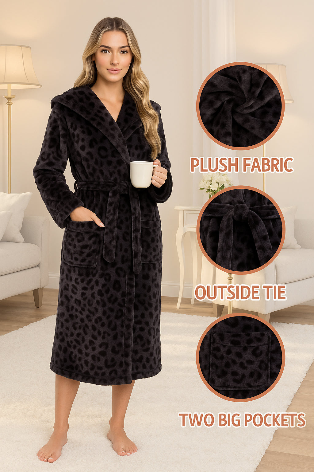 Ladies Shimmer Fleece Robe Calf Length with Belt Pockets Dressing Gown for Women
