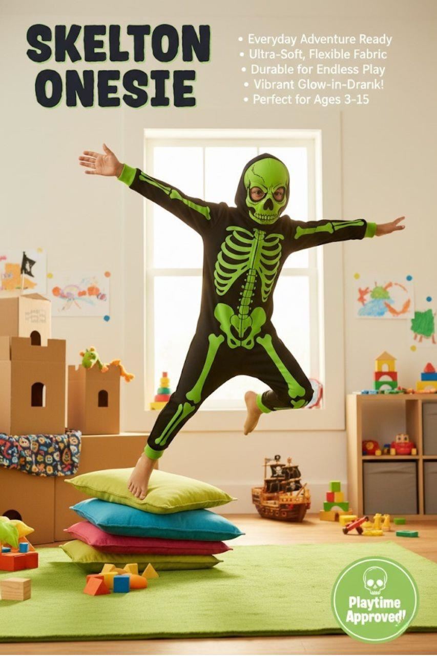 Kids Girls Boys Skeleton Print Pyjama Onesie Neon Green All In One Halloween Costume