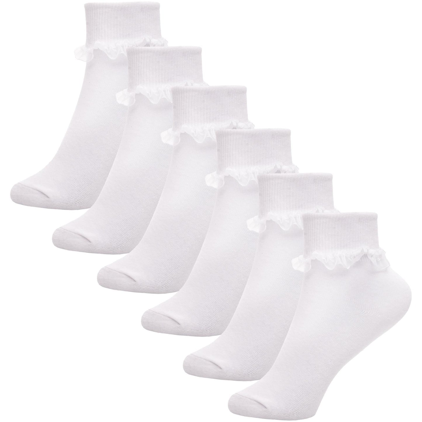 Kids Girls Frilly Lace Ankle Socks Pack of 6 Cotton School Party Lace Trim Socks