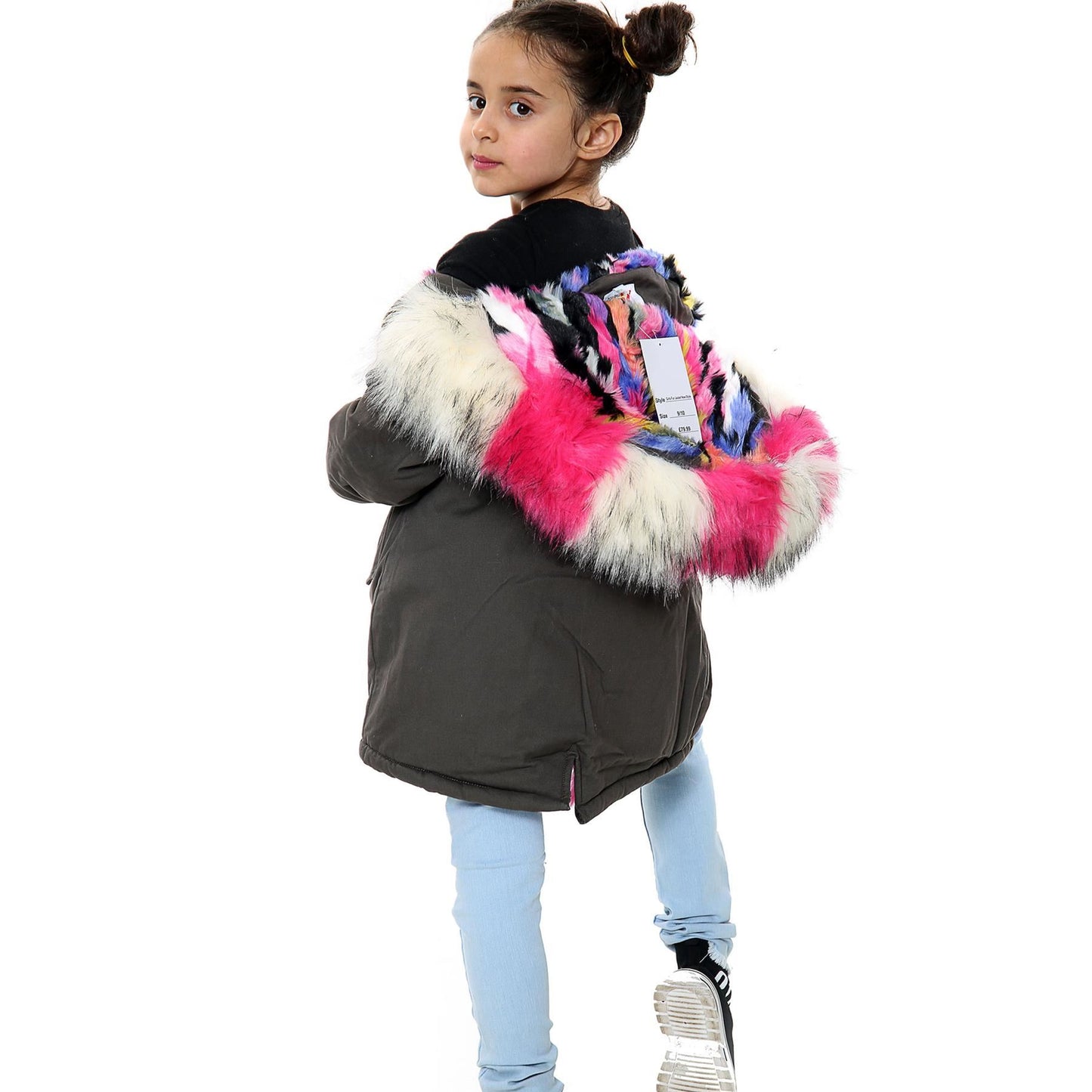 Kids Faux Fur Lined Parka Coat Rainbow Fur Hooded Jacket Girls Boys Age 2-13 Yrs